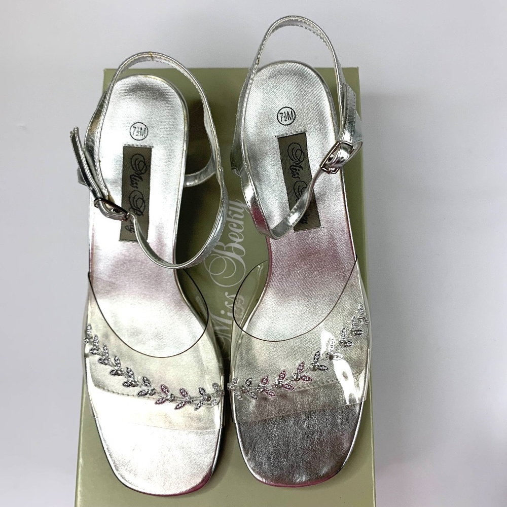 7.5 Miss Becky open-toe formal slingback sandal rhinestone leaf clear heel shoe